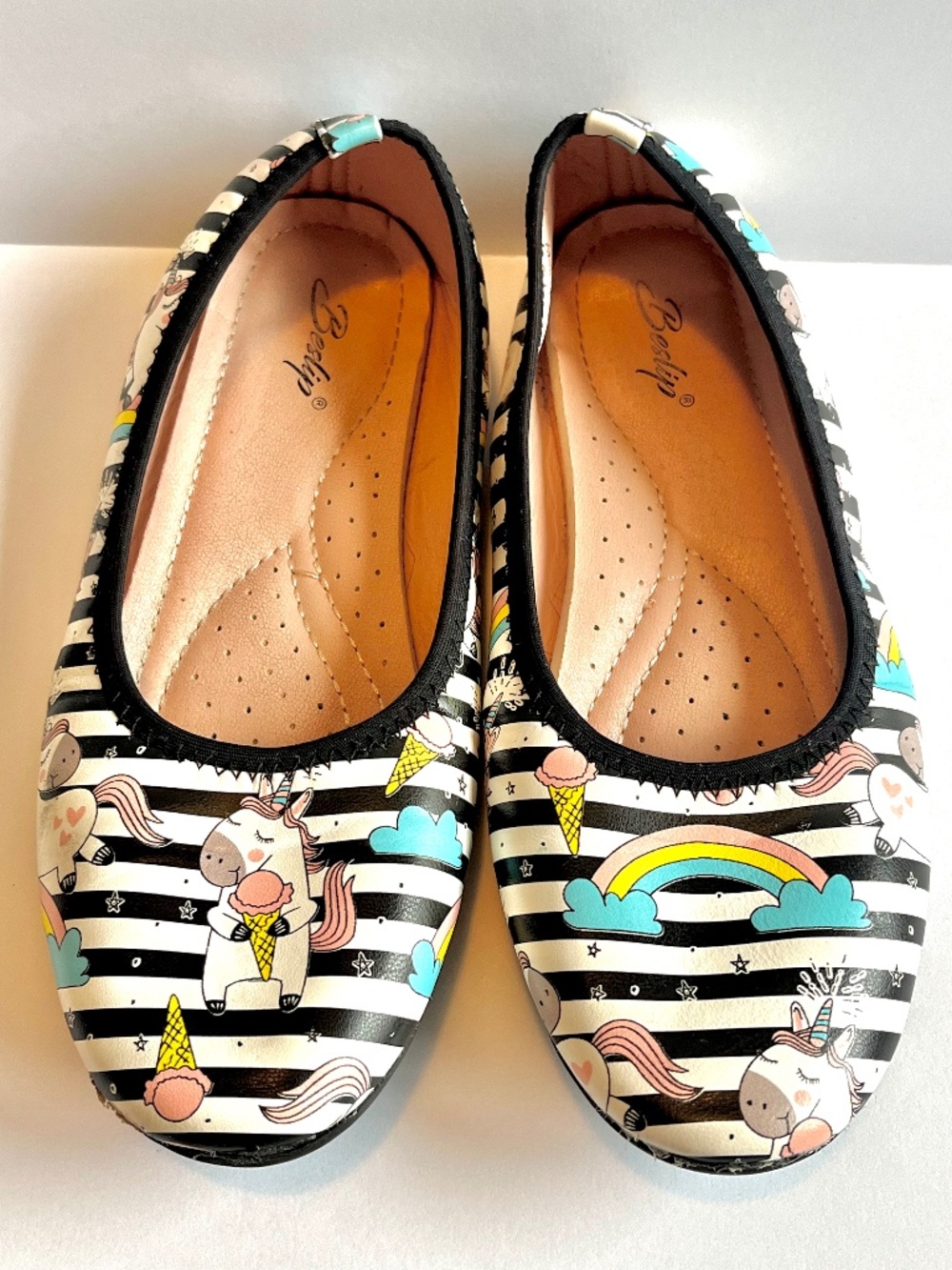 Beslip- Unicorns, Rainbows, Ice Cream & Stripes Ballet Flats- Girls Size 3.5